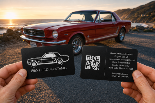 1965 Ford Mustang Engraved Metal Card – A Personalized Tribute to an American Classic