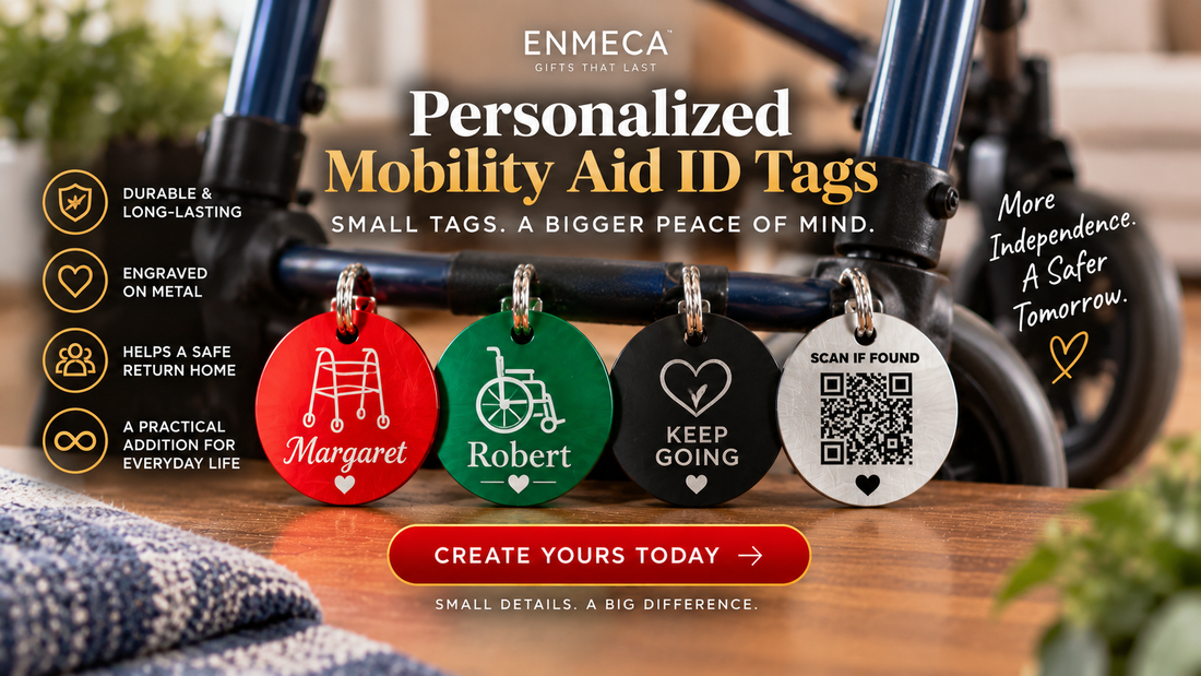 Personalized Mobility Aid ID Tags for Walkers & Wheelchairs with QR Codes
