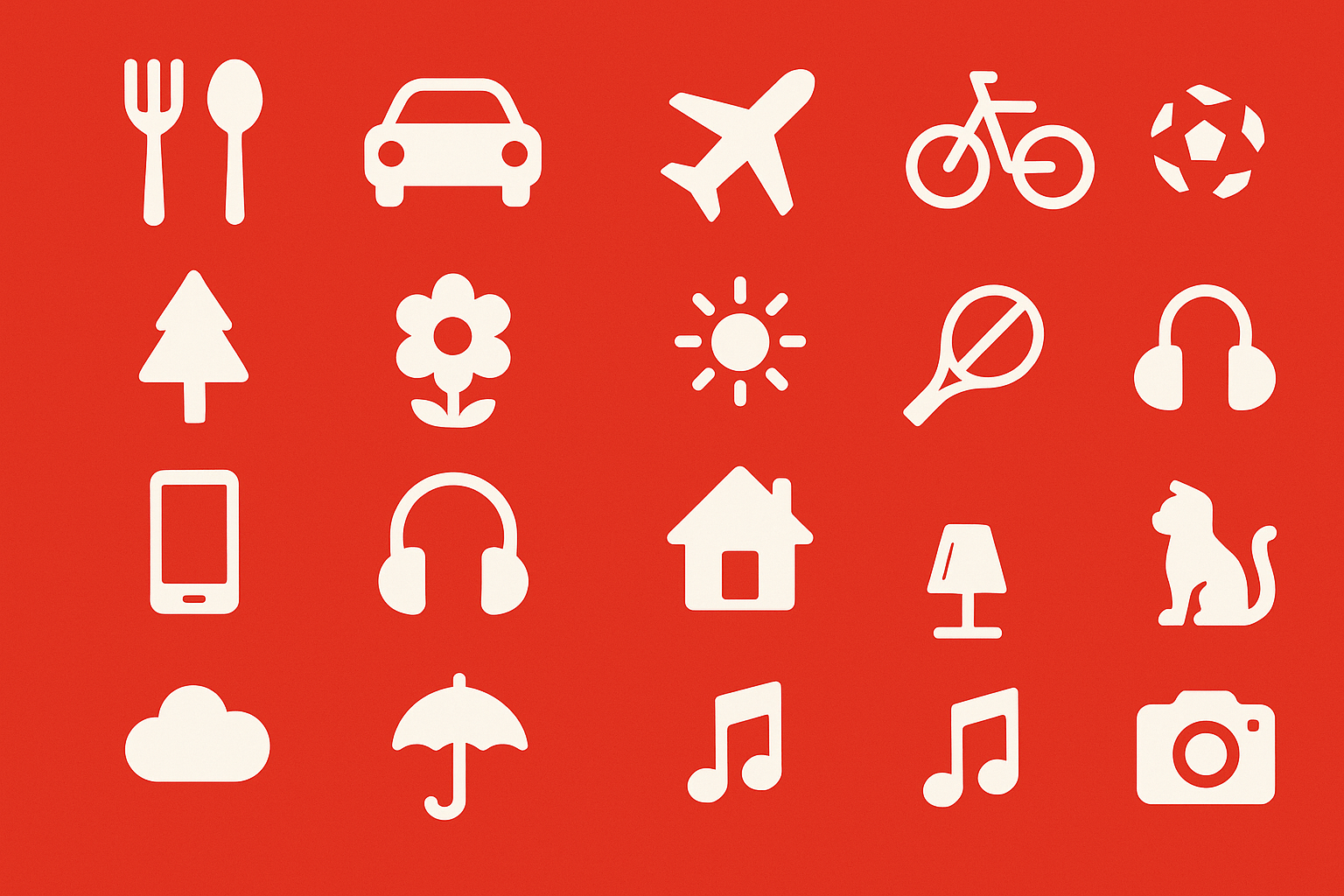 Red background. White icons evenly spaced.  Icons from all different types of icons, not just office or computer.  